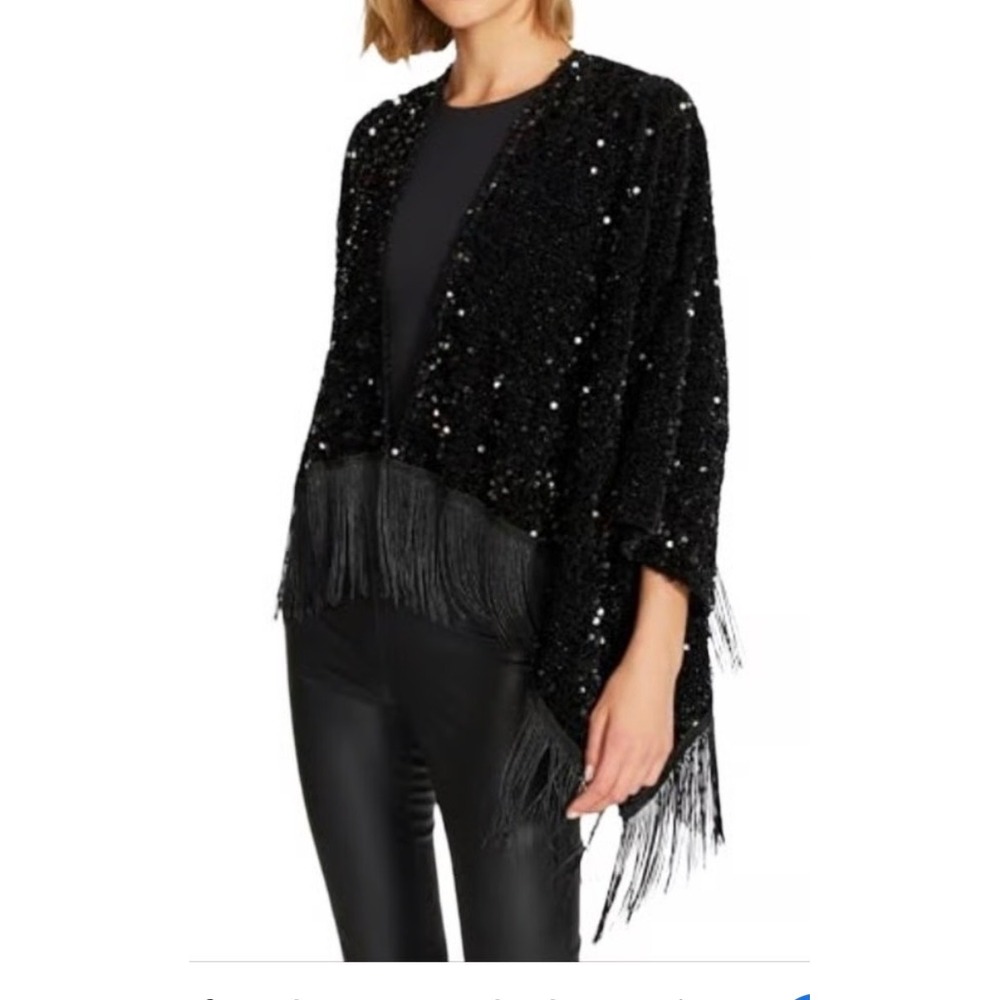 House of Harlow 1960‎ Black Sequin Fringe Kimono Cardigan One Size Evening Wear